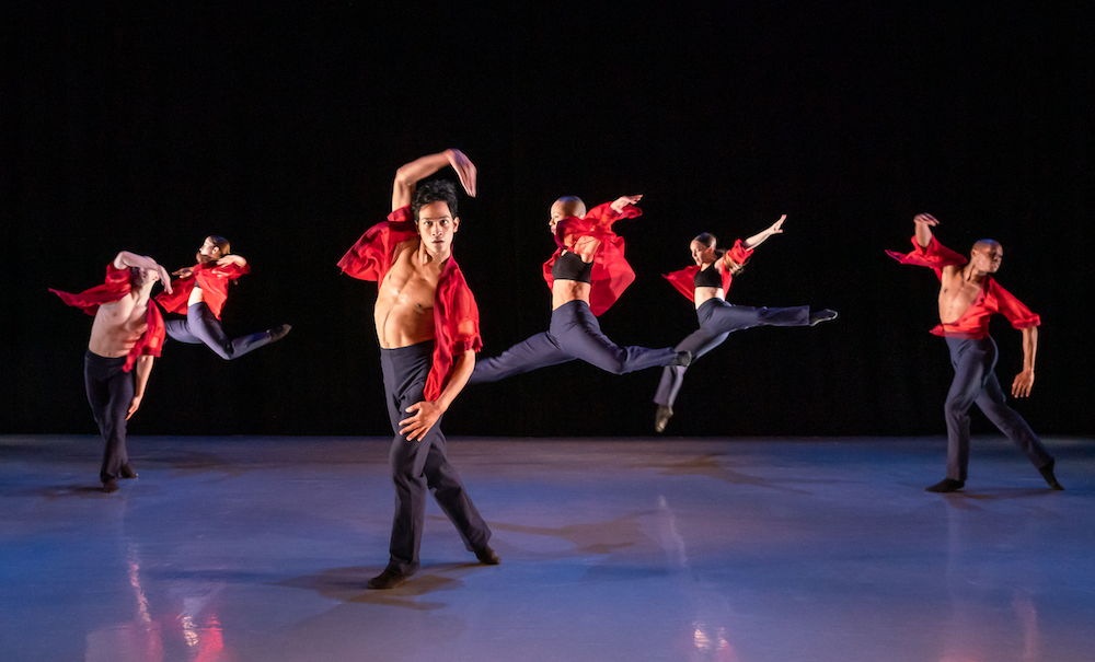 a community of dancers in black pants and red shirts dance together 