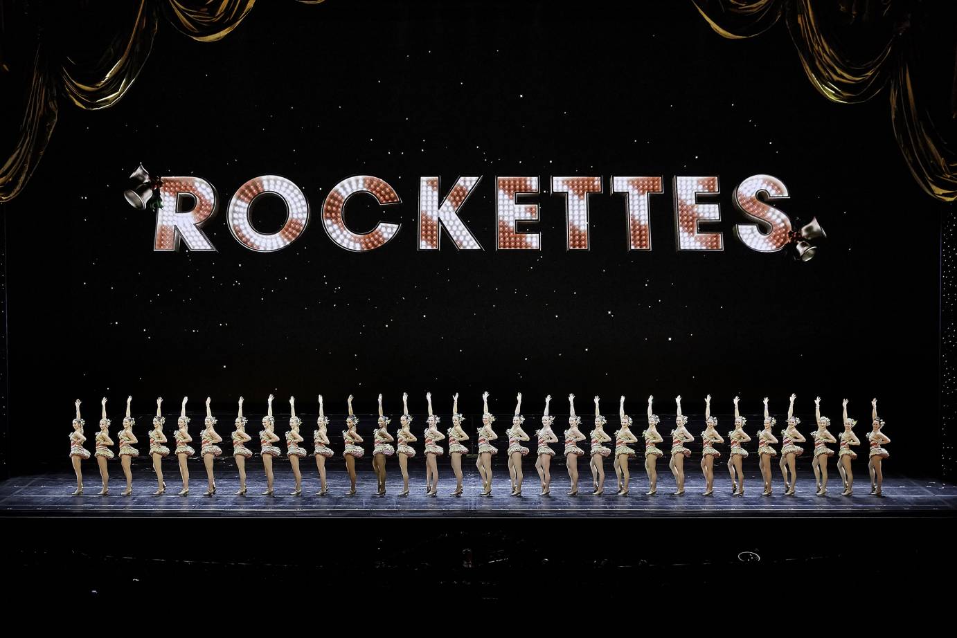 wide shot of The Radio City Rockettes standing in unison 