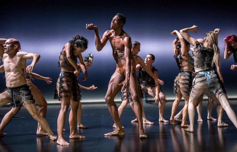 A group of dancers in sheer skirts and blouses. They dance in a tight clump.