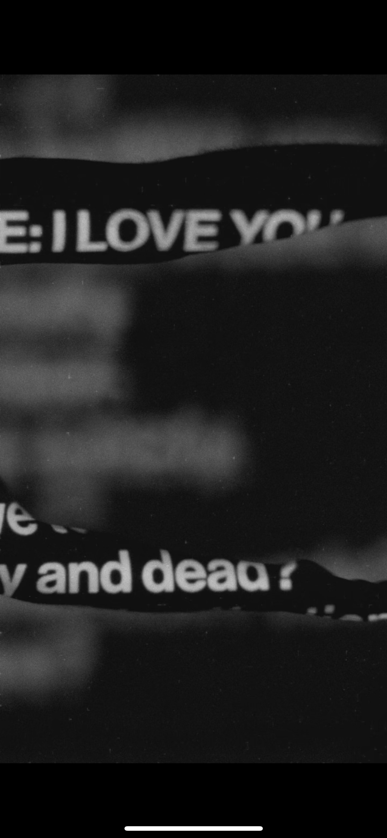 a screen shot from the projected text in the production, highlighting the words Love and dead with the rest of the image being in shadow