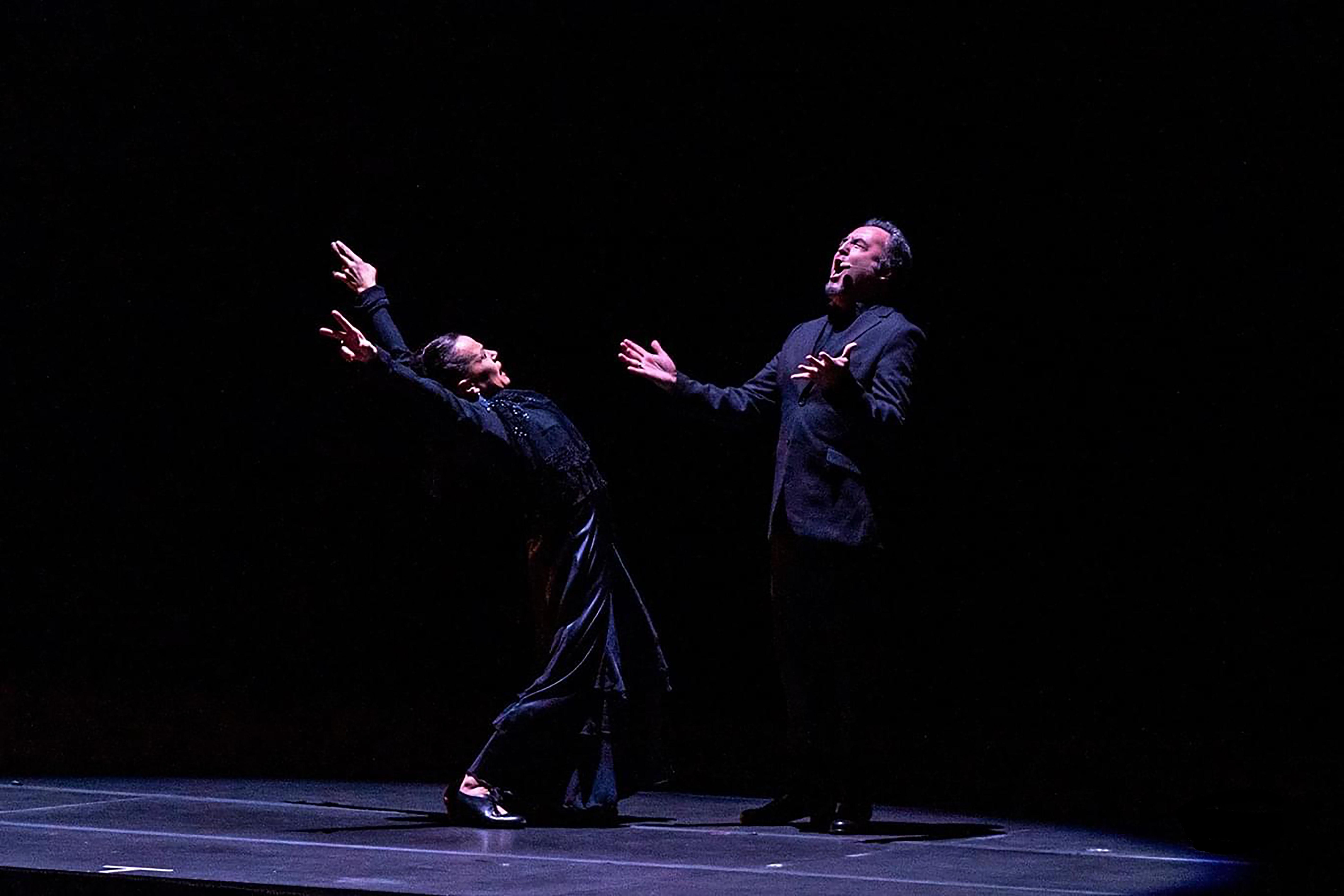 Two performers dressed in black: a woman in a long dress, arching backward arms flung overhead and backward facing a man with beseeching hands singing.