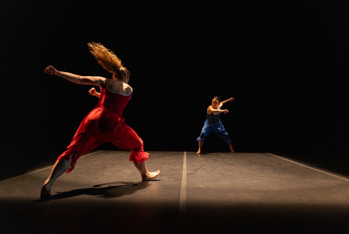 Two women, facing one another but apart, one dressed in all red and the other dressed in all blue, lunge in unison. The downstage dancer's long red hair whips above her.