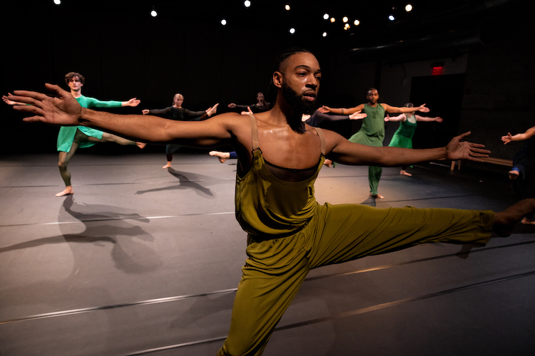 man in golden sweaty and silky thin strapped unitards leads a pack of colorfully dressed dancers.They all stand on one leg with their other leg extedned to the side