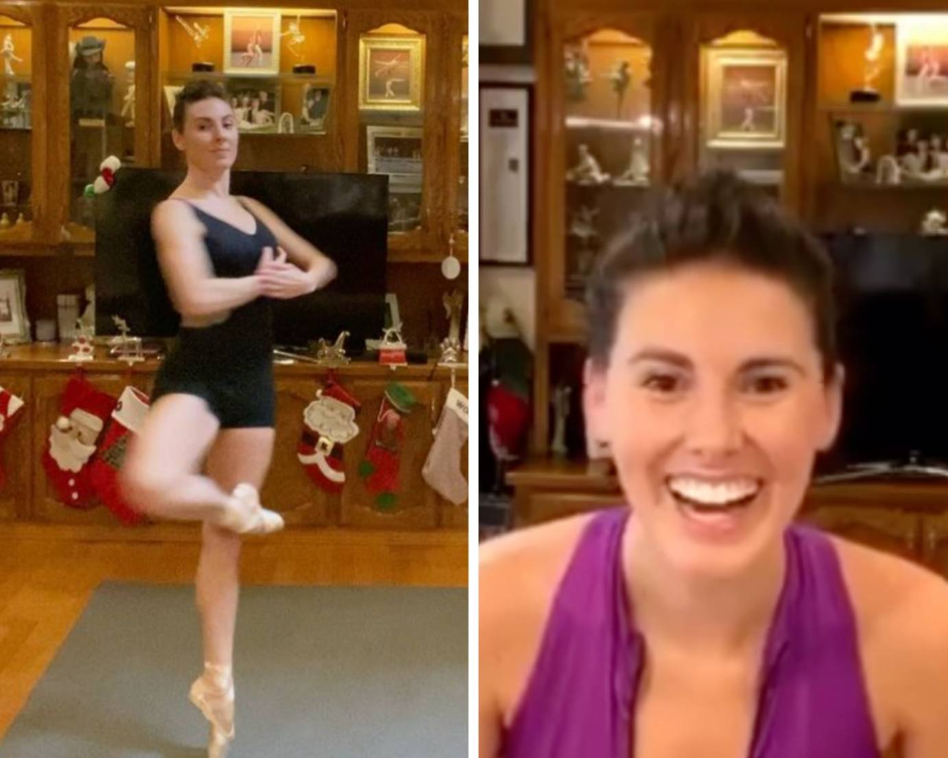 Two picture: on the left is Tiler  Peck doing a pirouette in her  parents' living room; in the second, she is in a purple leotard looking into the camera