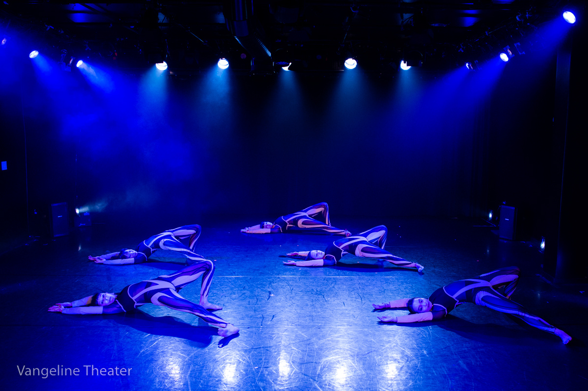 five dancers lying on their backs one leg bent one straight staring straight out at us...in dim blue light the girls in their striped unitards look like an army of  human bugs