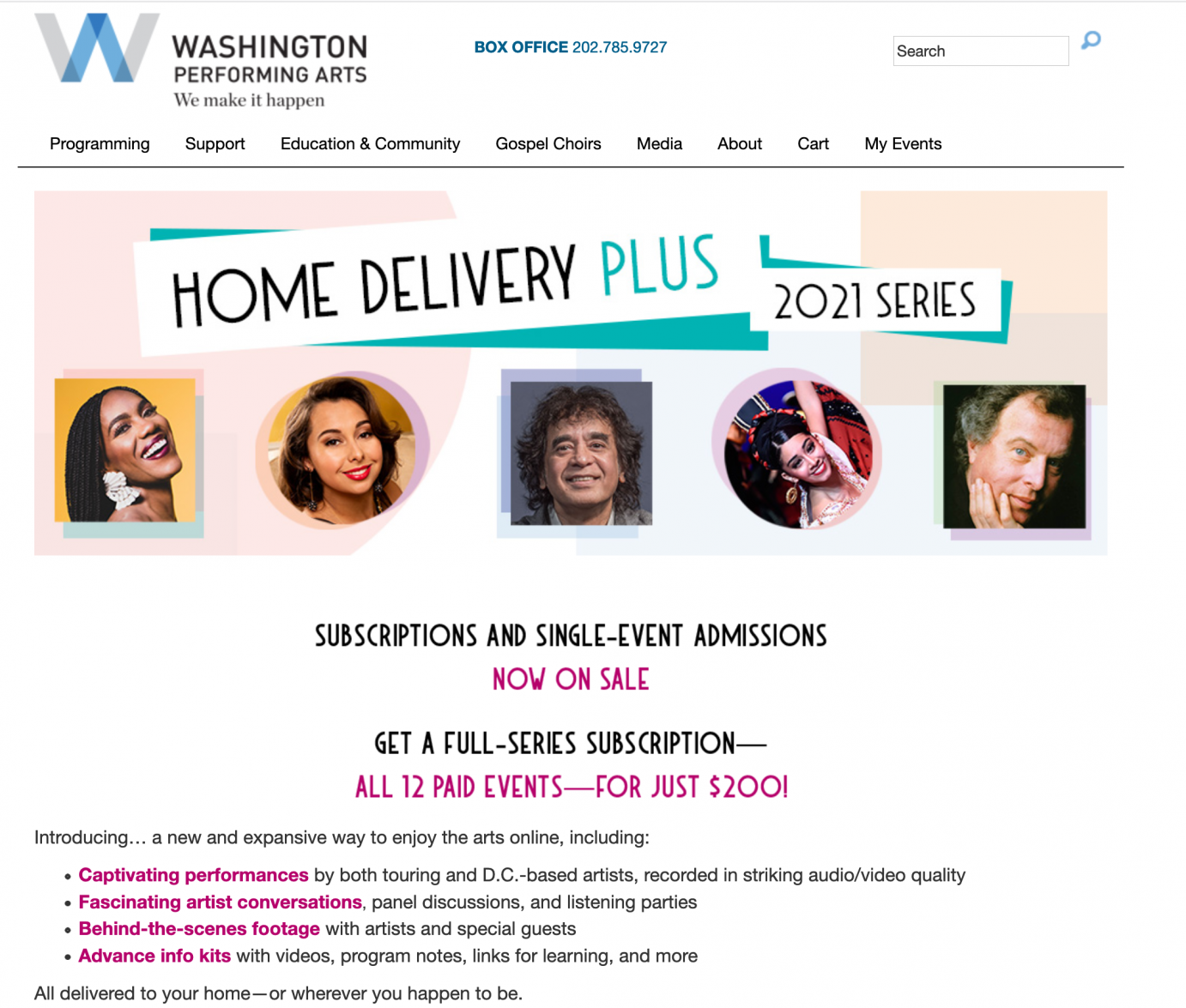 a shot of Washington Performing Arts Webpage 5 pictures of Happy artsists of verious colors that are part of the 2021 series online