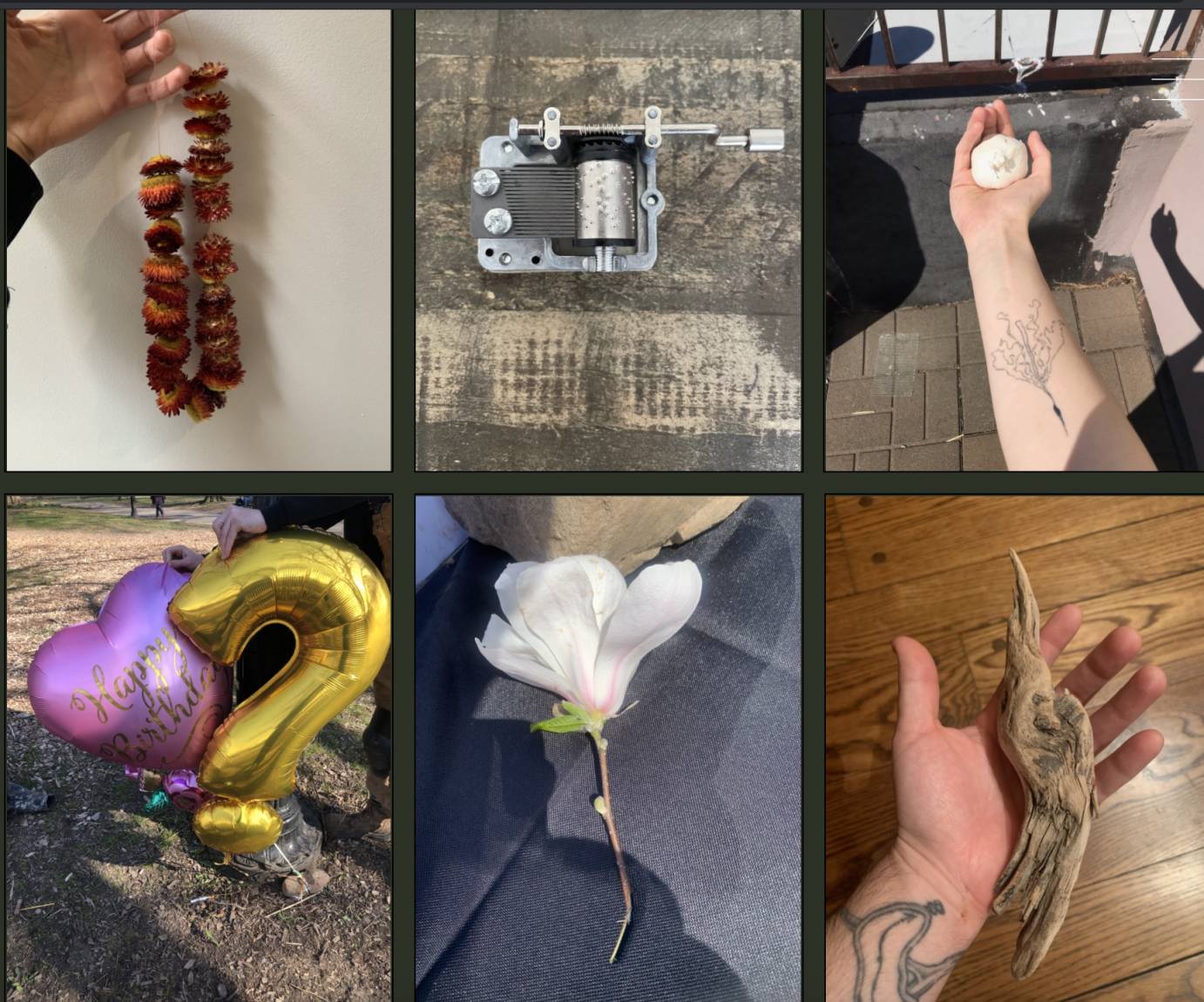 photos from the online grief altar, which include flowers, a tiny music box, flowers, and balloons