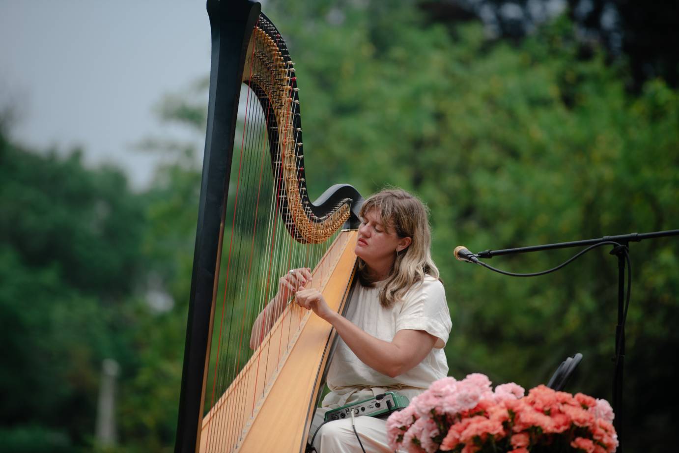 Mary Lattimore plays the harp amid containers of pinky peach flowers