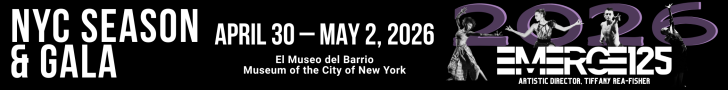 EMERGE125 NYC Season and Gala. April 30th through May 2nd, 2026. Four dancers positioned with arms reaching. 