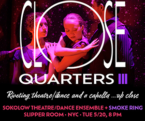 Two performers look at each other while a third pushes between them. She appears to push through the 